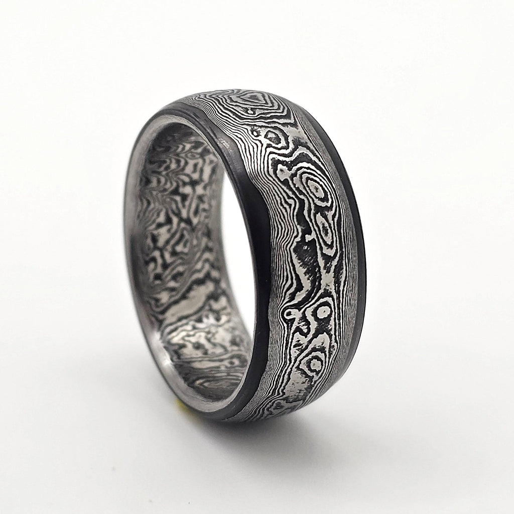 Anello forgiato in Acciaio Damasco inossidabile  Monoblocco con Anima San Mai "Katana soul"