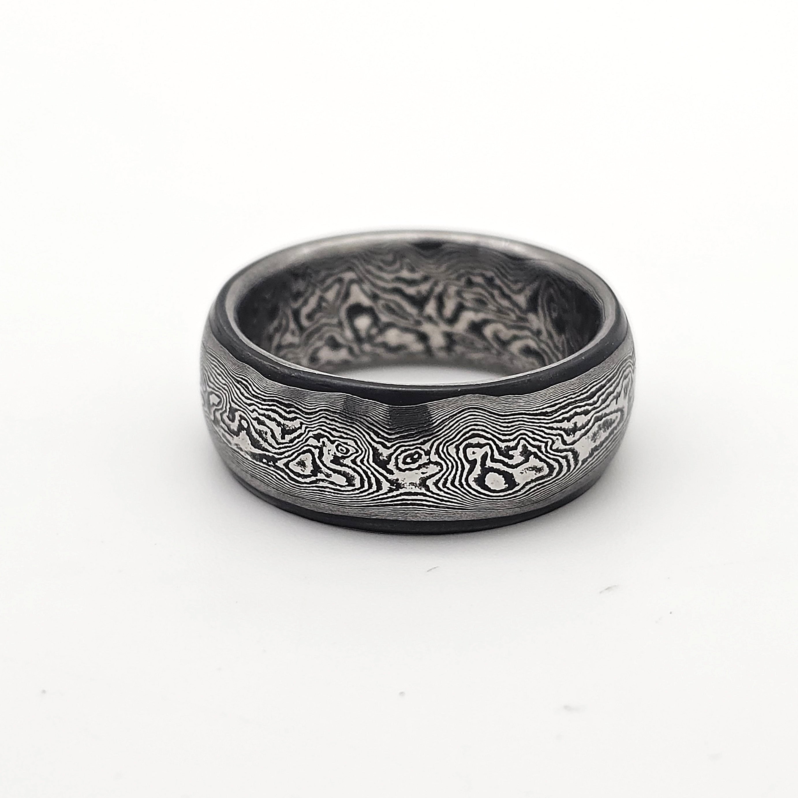 Anello forgiato in Acciaio Damasco inossidabile  Monoblocco con Anima San Mai "Katana soul"