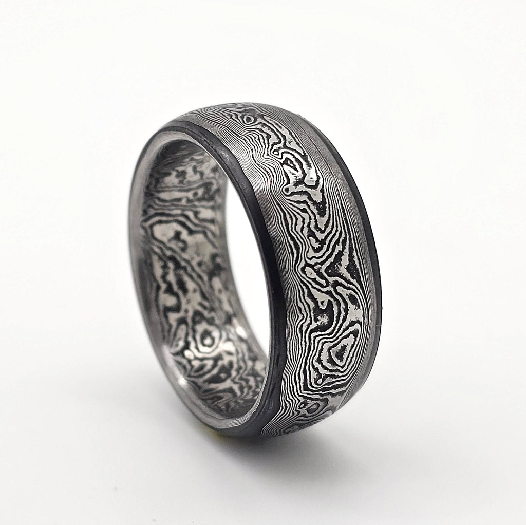 Anello forgiato in Acciaio Damasco inossidabile  Monoblocco con Anima San Mai "Katana soul"