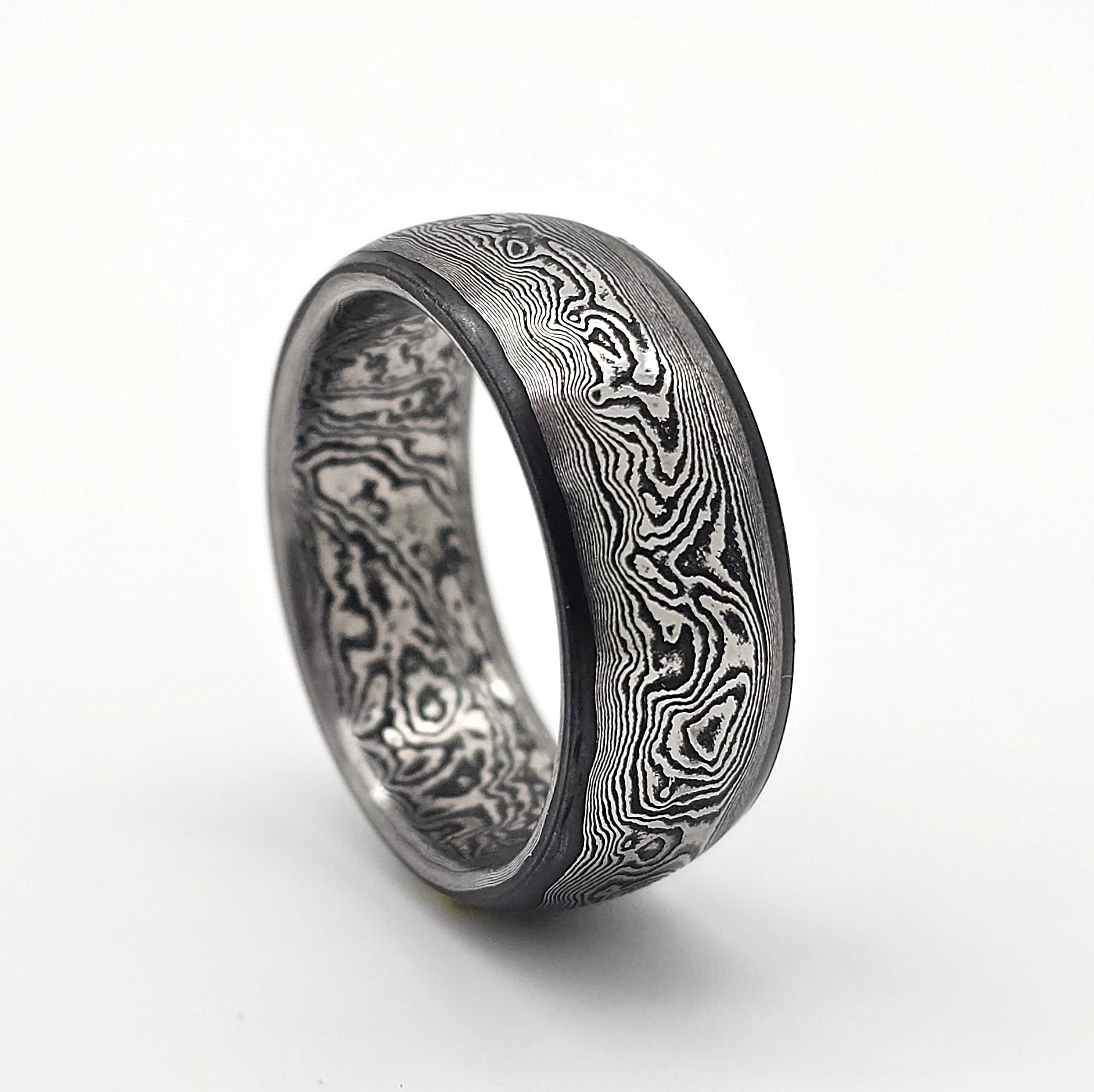 Anello forgiato in Acciaio Damasco inossidabile  Monoblocco con Anima San Mai "Katana soul"